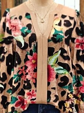 Beige Floral & Black Leopard Print V-Neck Blouse